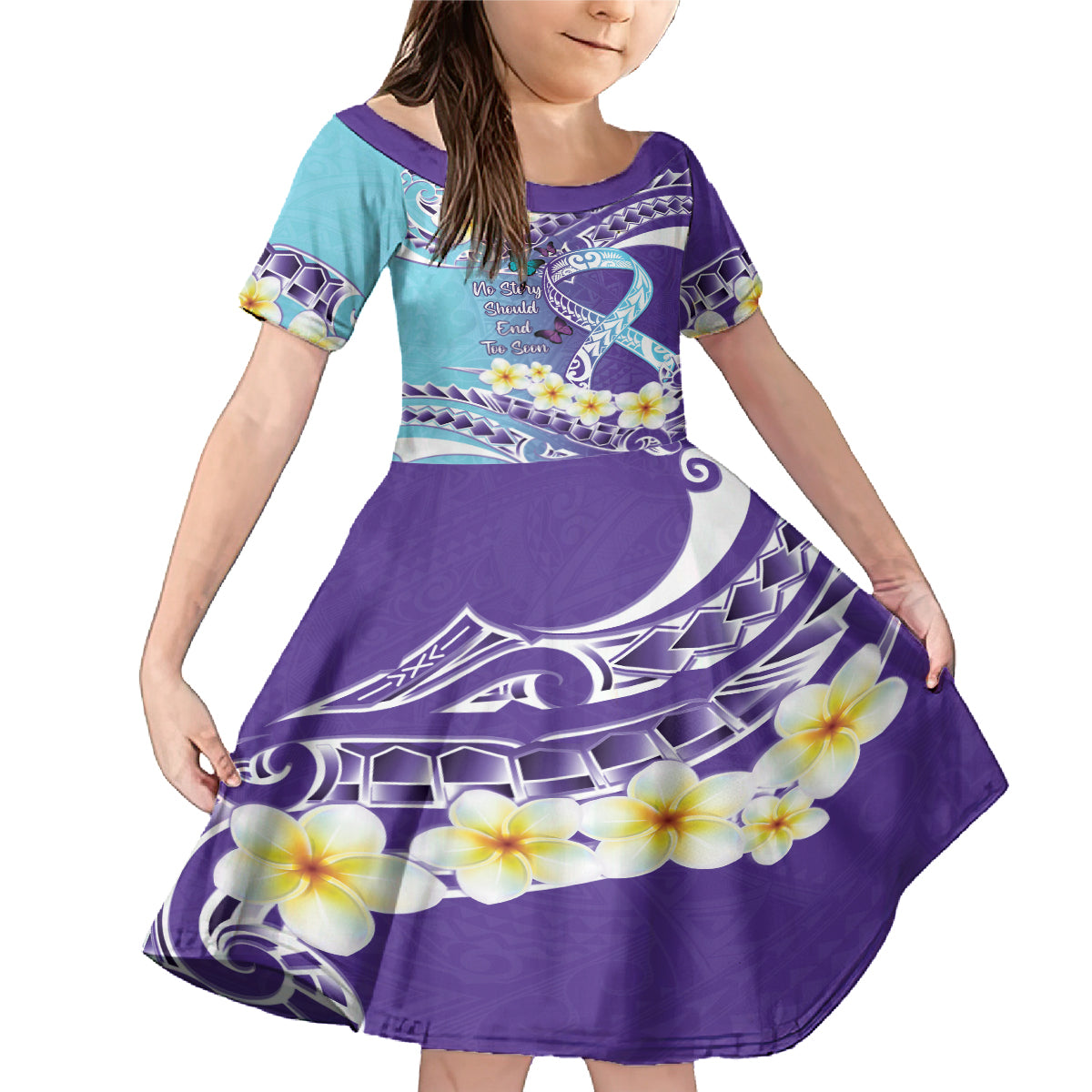 No Story Should End Too Soon Suicide Awareness Family Matching Mermaid Dress and Hawaiian Shirt Purple And Teal Polynesian Ribbon