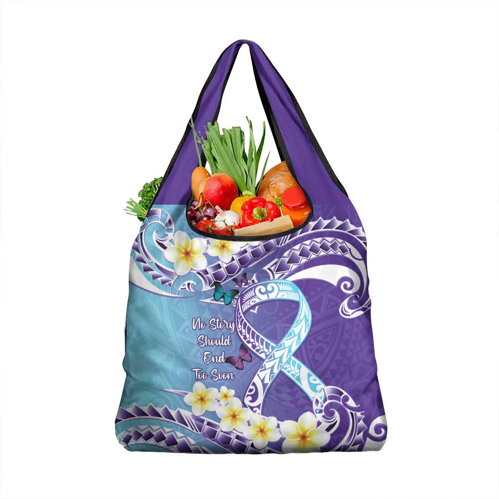 No Story Should End Too Soon Suicide Awareness Grocery Bag Purple And Teal Polynesian Ribbon