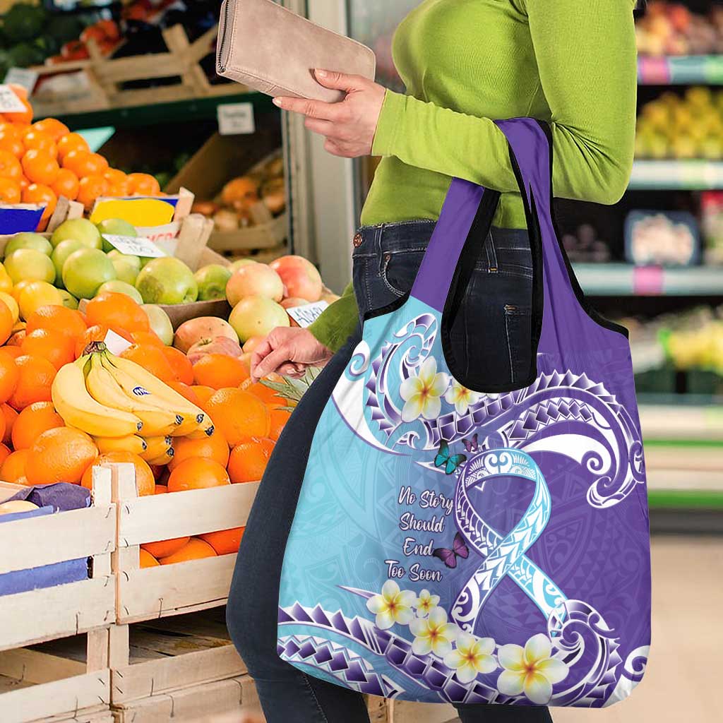 No Story Should End Too Soon Suicide Awareness Grocery Bag Purple And Teal Polynesian Ribbon