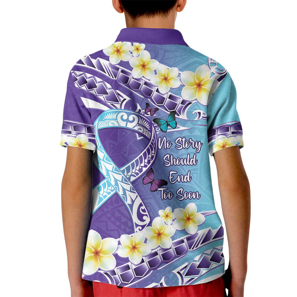 No Story Should End Too Soon Suicide Awareness Kid Polo Shirt Purple And Teal Polynesian Ribbon