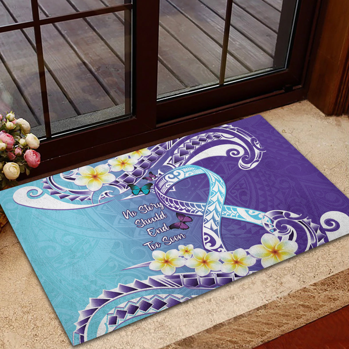 No Story Should End Too Soon Suicide Awareness Rubber Doormat Purple And Teal Polynesian Ribbon