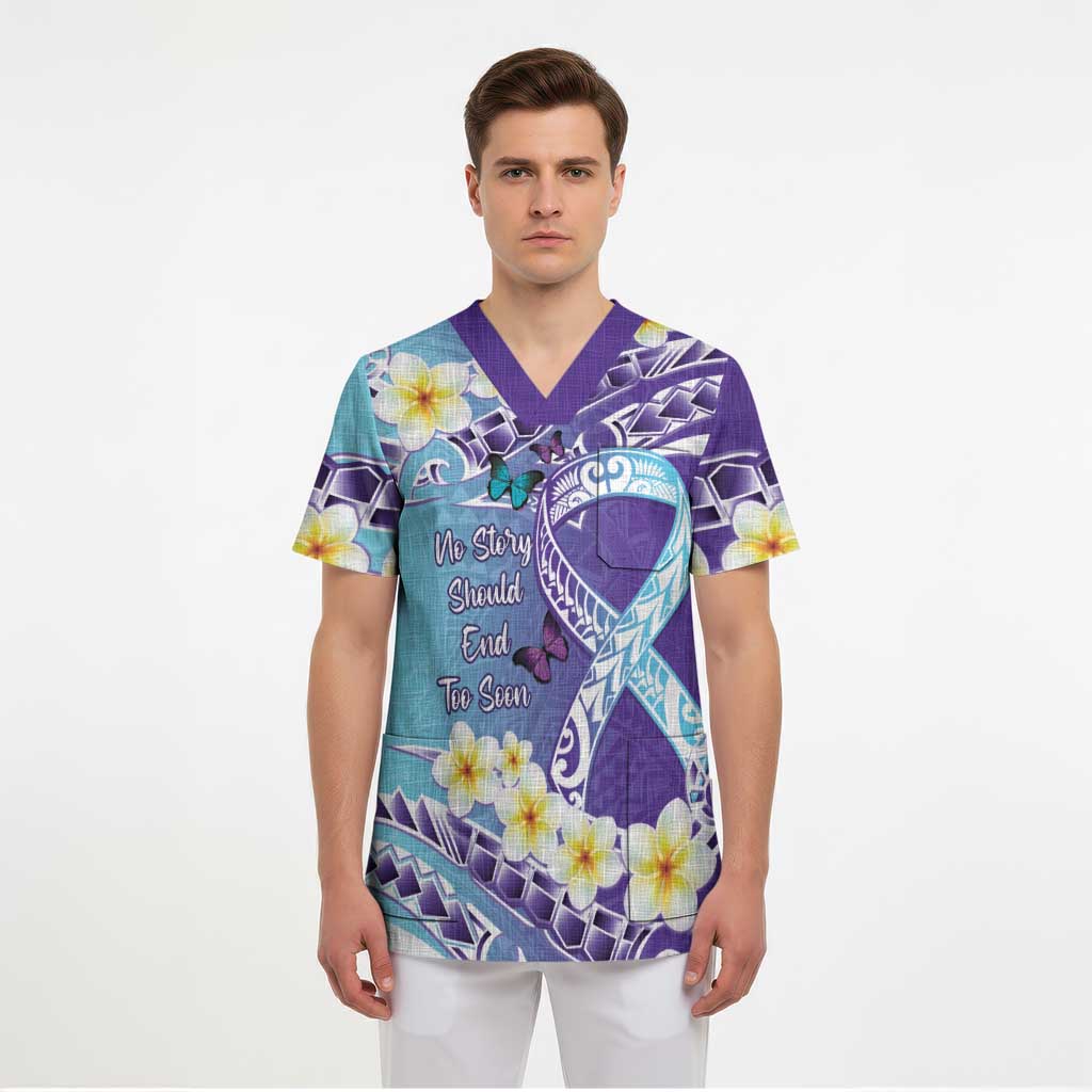 No Story Should End Too Soon Suicide Awareness Scrub Top Purple And Teal Polynesian Ribbon - Polynesian Pride