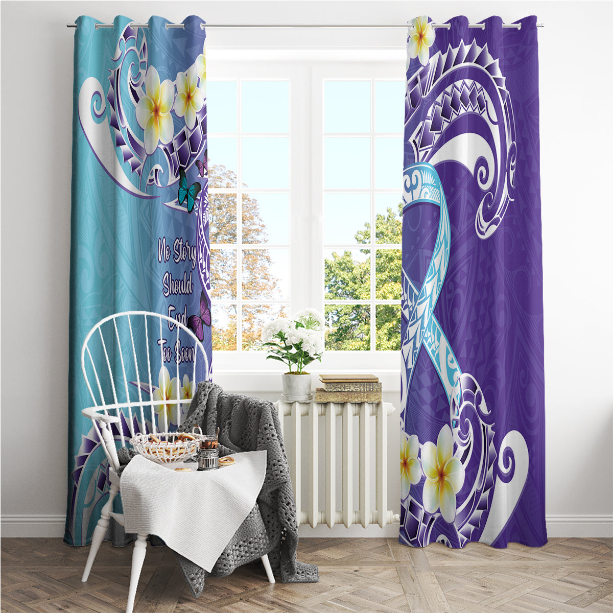 No Story Should End Too Soon Suicide Awareness Window Curtain Purple And Teal Polynesian Ribbon
