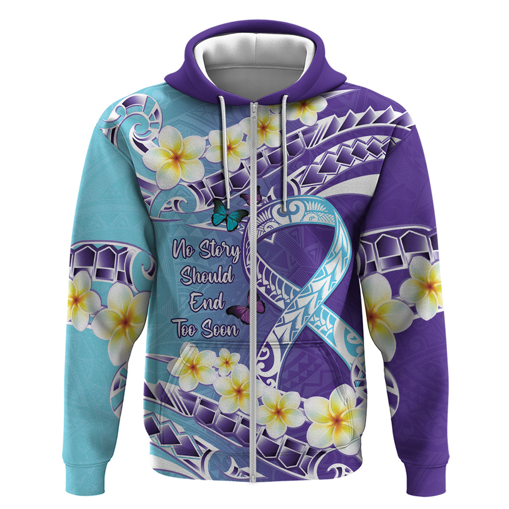 No Story Should End Too Soon Suicide Awareness Zip Hoodie Purple And Teal Polynesian Ribbon