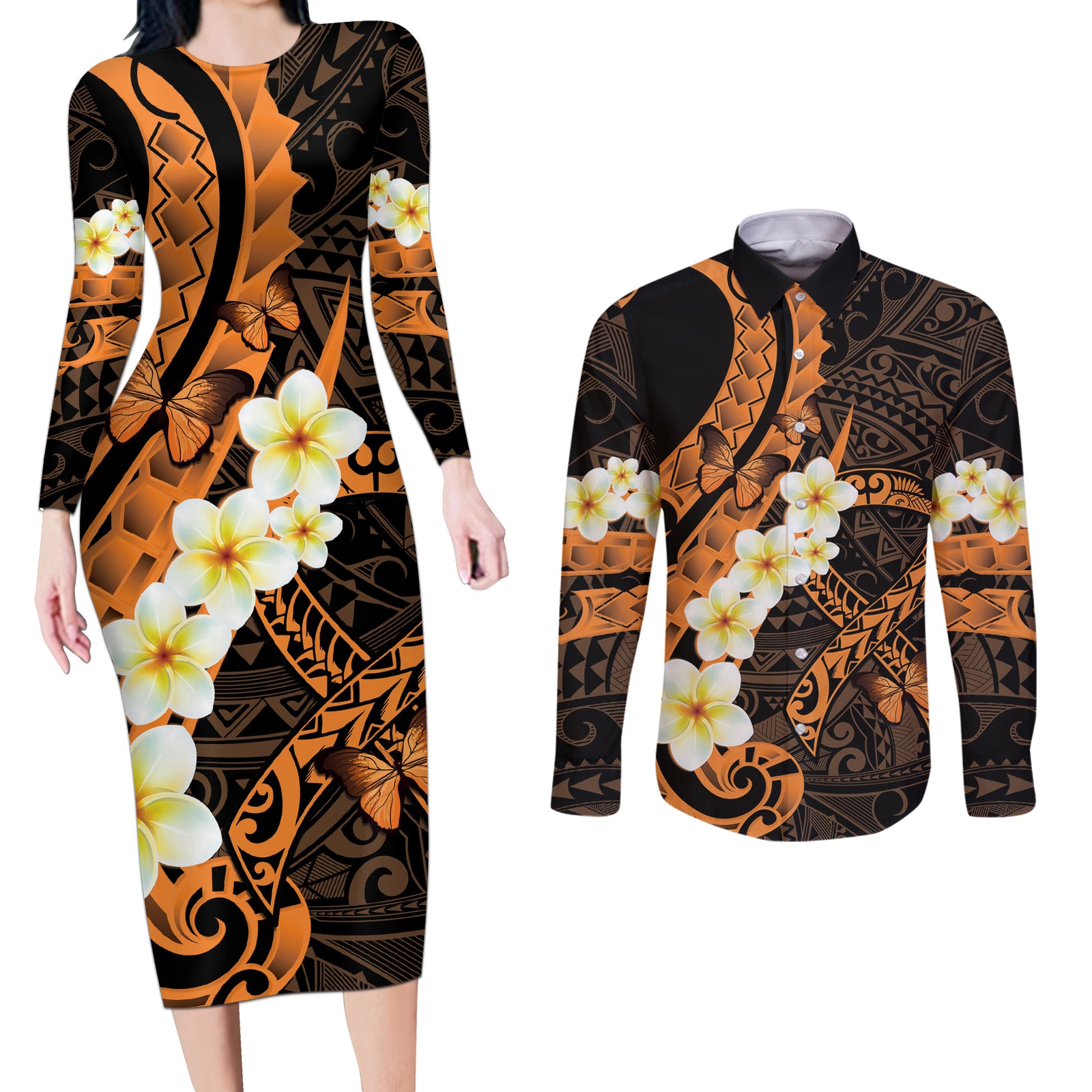 Liver Cancer Awareness Month Couples Matching Long Sleeve Bodycon Dress and Long Sleeve Button Shirt Awareness Is Key Orange Polynesian Ribbon