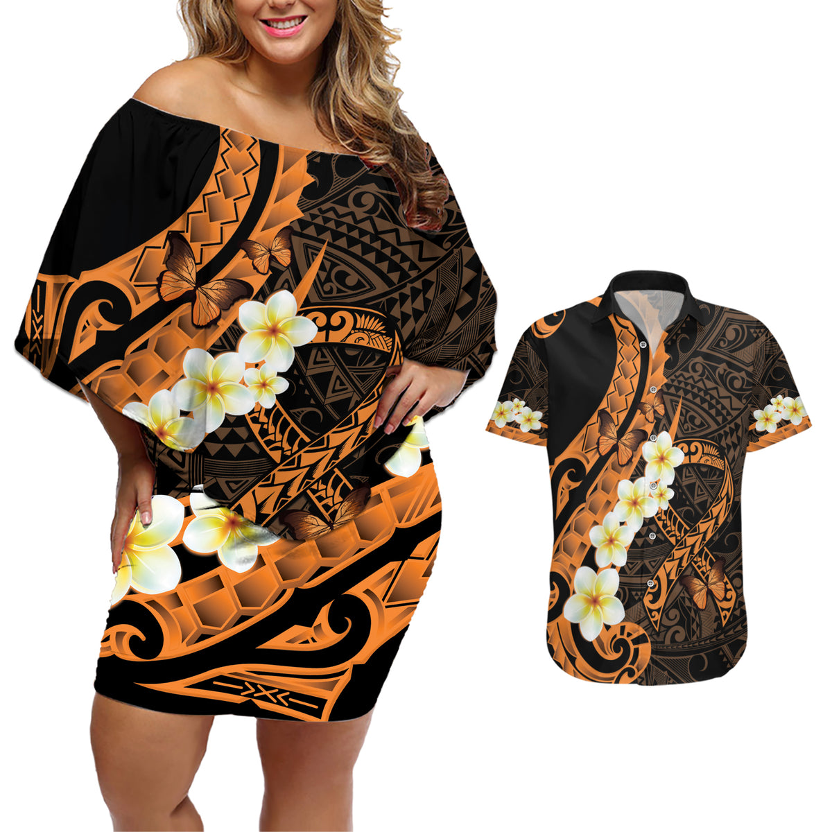 Liver Cancer Awareness Month Couples Matching Off Shoulder Short Dress and Hawaiian Shirt Awareness Is Key Orange Polynesian Ribbon