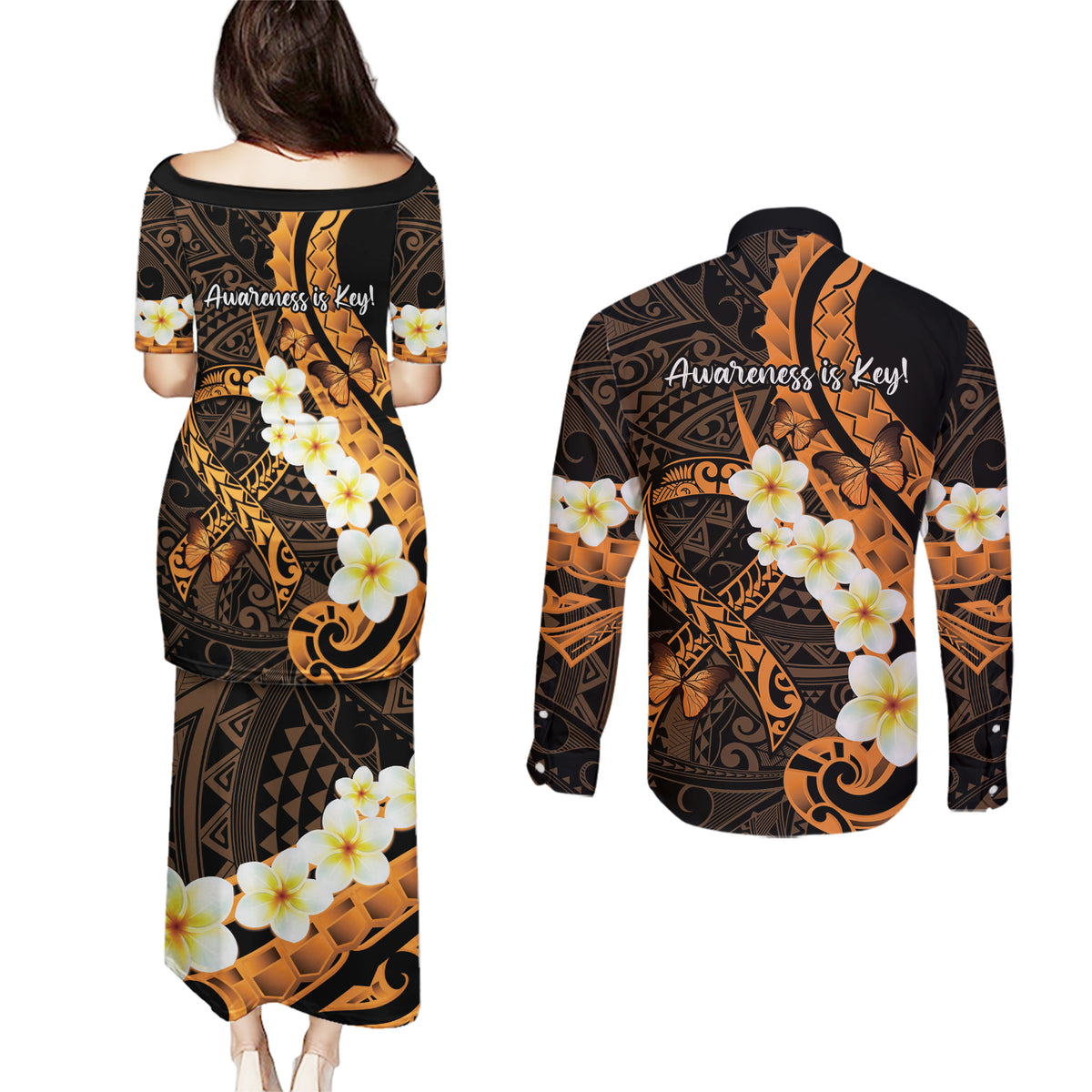 Liver Cancer Awareness Month Couples Matching Puletasi and Long Sleeve Button Shirt Awareness Is Key Orange Polynesian Ribbon