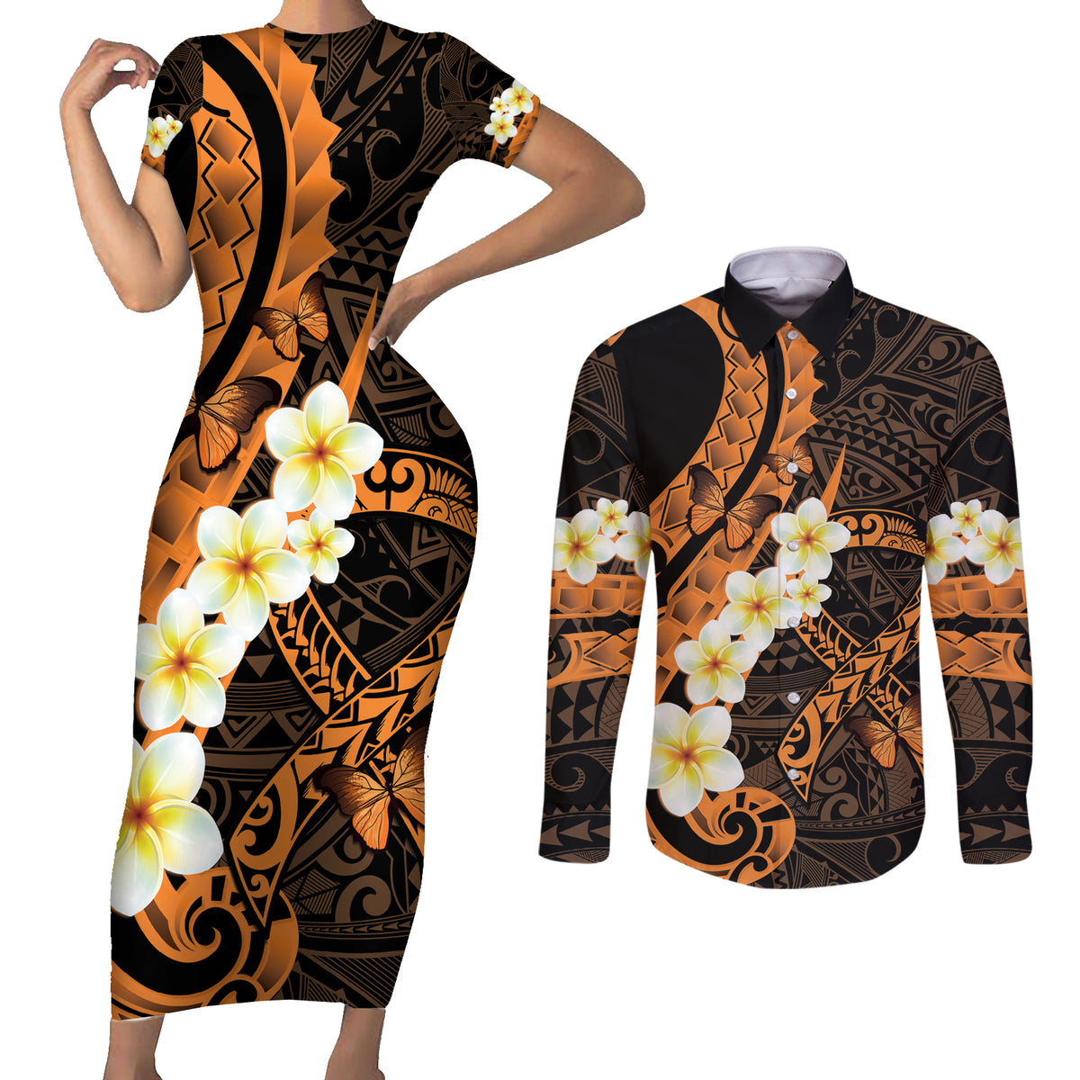 Liver Cancer Awareness Month Couples Matching Short Sleeve Bodycon Dress and Long Sleeve Button Shirt Awareness Is Key Orange Polynesian Ribbon