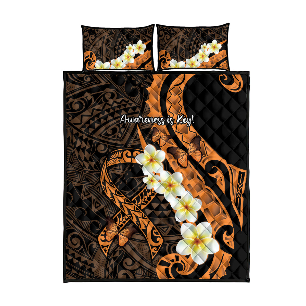 Liver Cancer Awareness Month Quilt Bed Set Awareness Is Key Orange Polynesian Ribbon