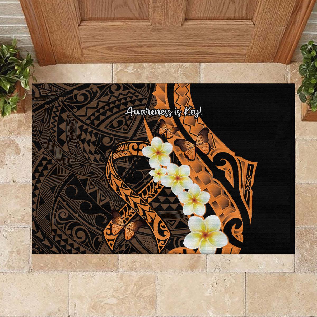 Liver Cancer Awareness Month Rubber Doormat Awareness Is Key Orange Polynesian Ribbon