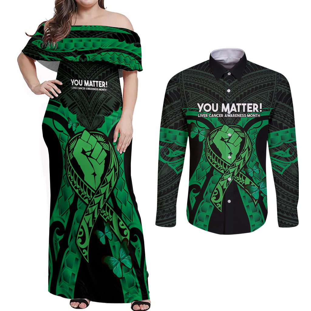 ADHD Awareness Month You Matter Couples Matching Off Shoulder Maxi Dress and Long Sleeve Button Shirt Green Polynesian Ribbon