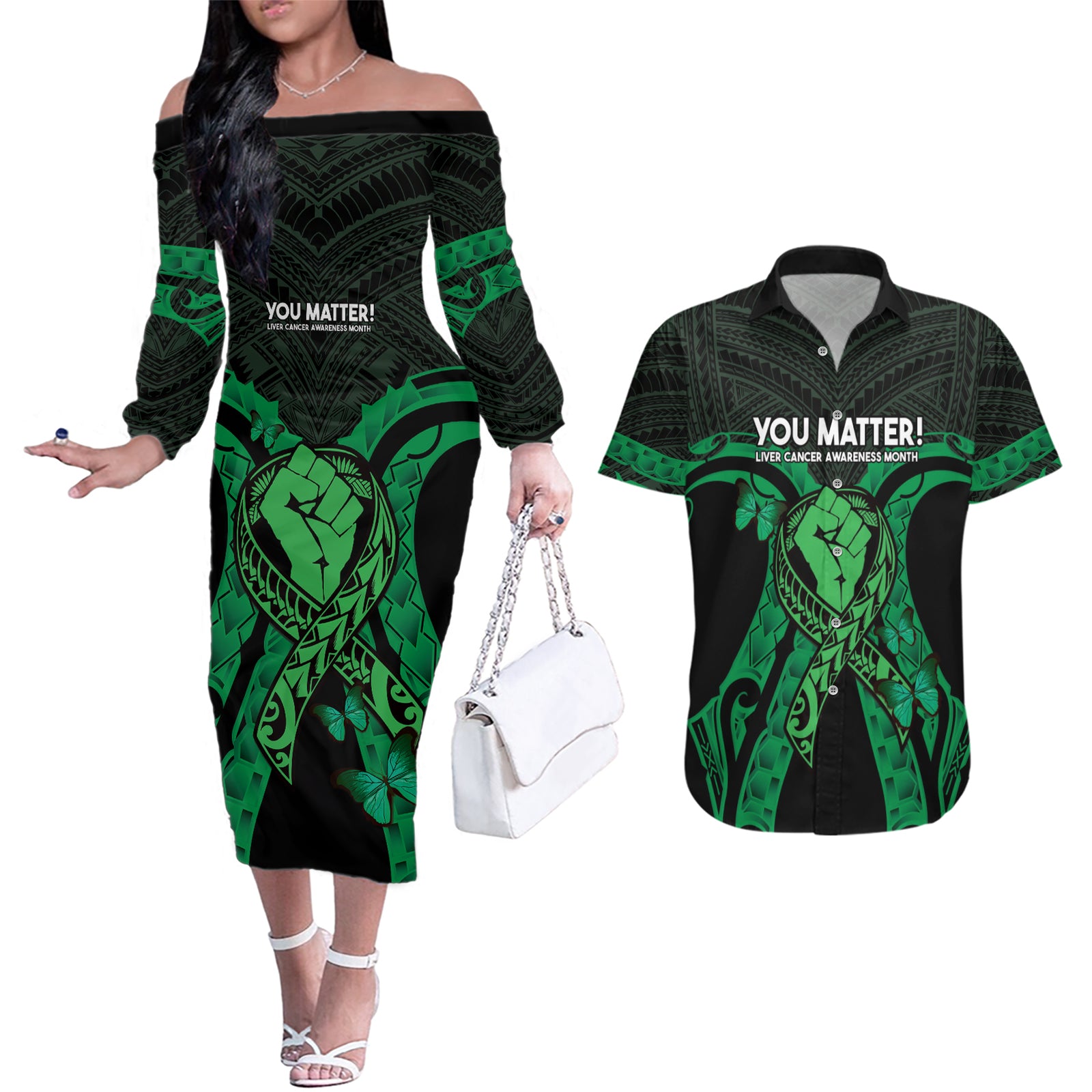 ADHD Awareness Month You Matter Couples Matching Off The Shoulder Long Sleeve Dress and Hawaiian Shirt Green Polynesian Ribbon