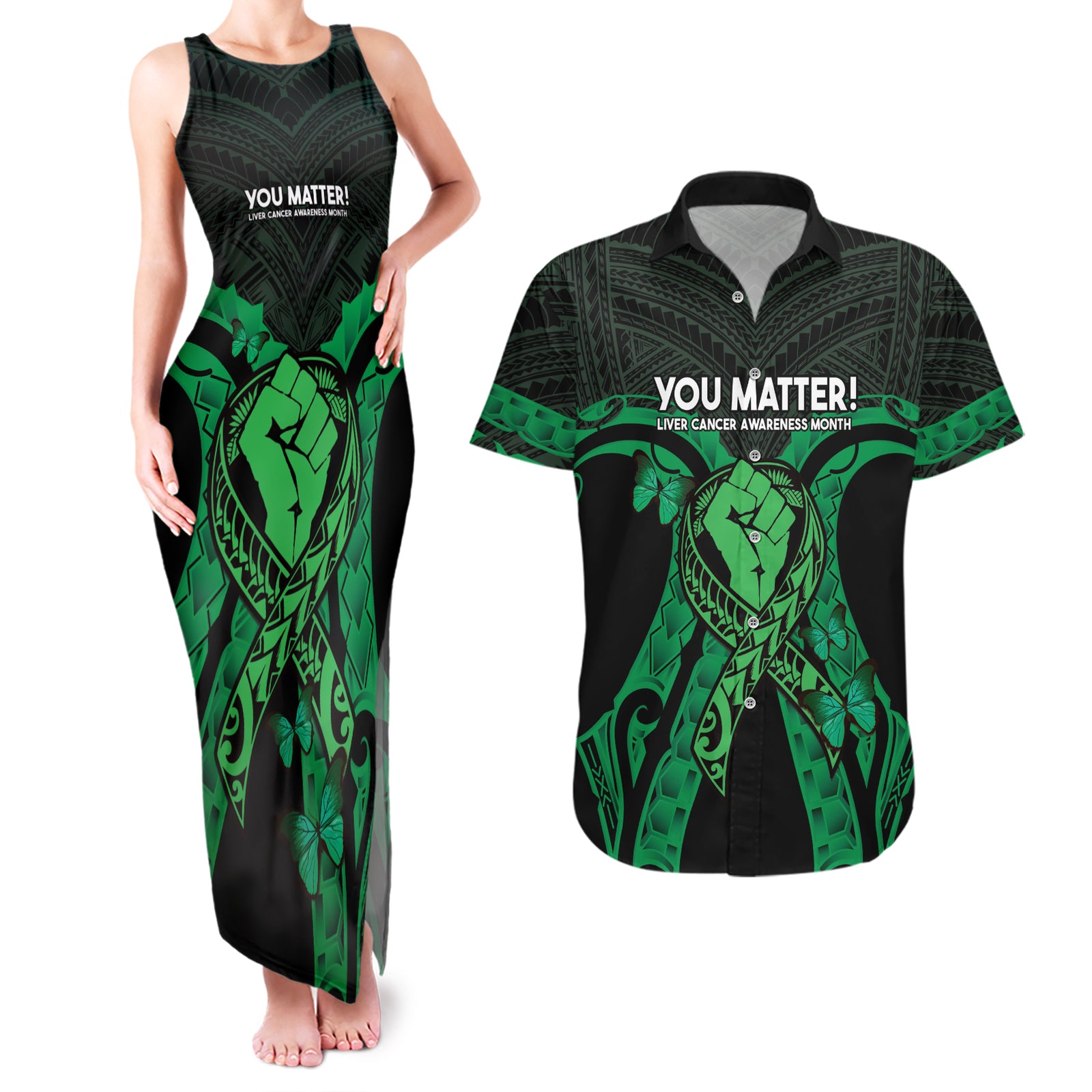 ADHD Awareness Month You Matter Couples Matching Tank Maxi Dress and Hawaiian Shirt Green Polynesian Ribbon