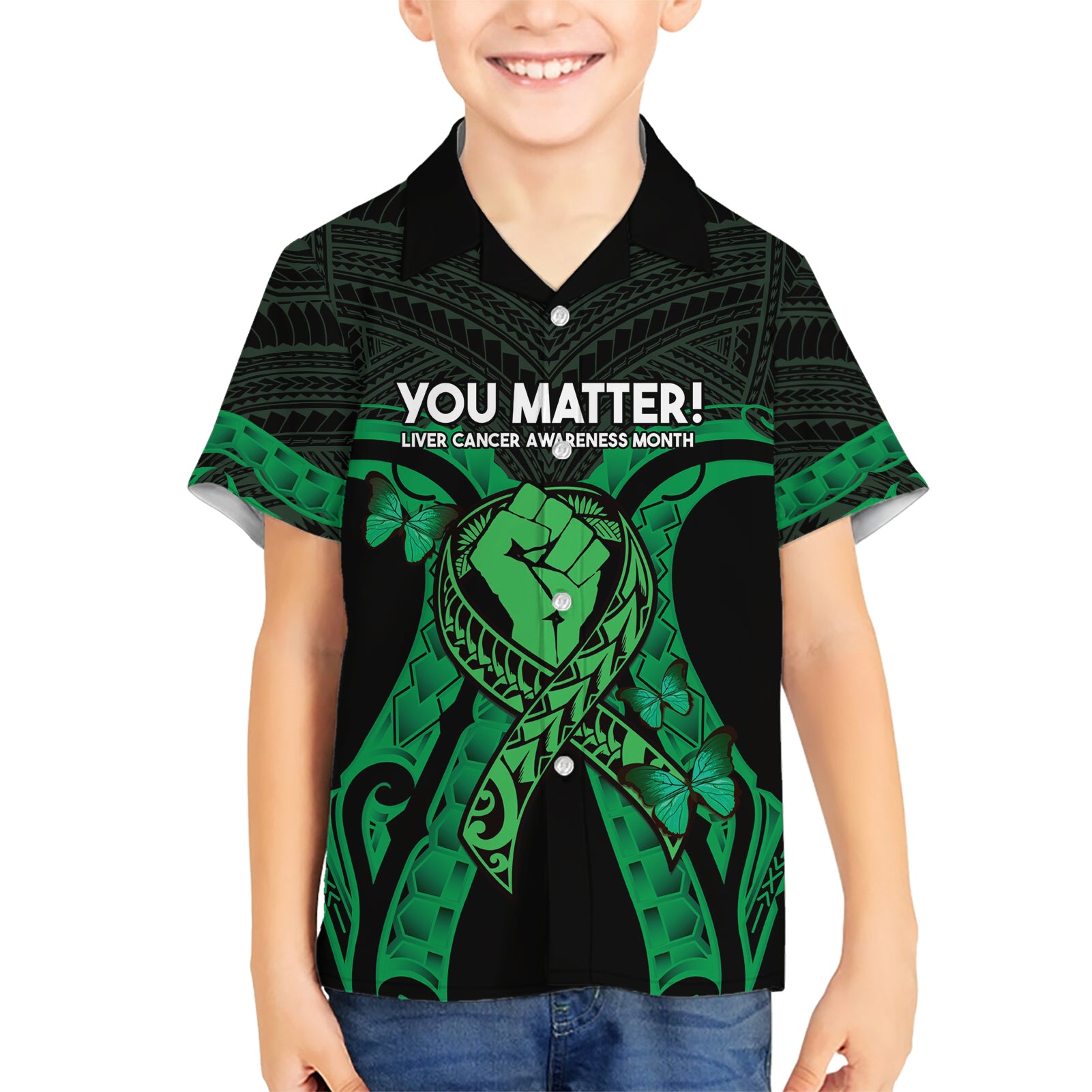 ADHD Awareness Month You Matter Kid Hawaiian Shirt Green Polynesian Ribbon