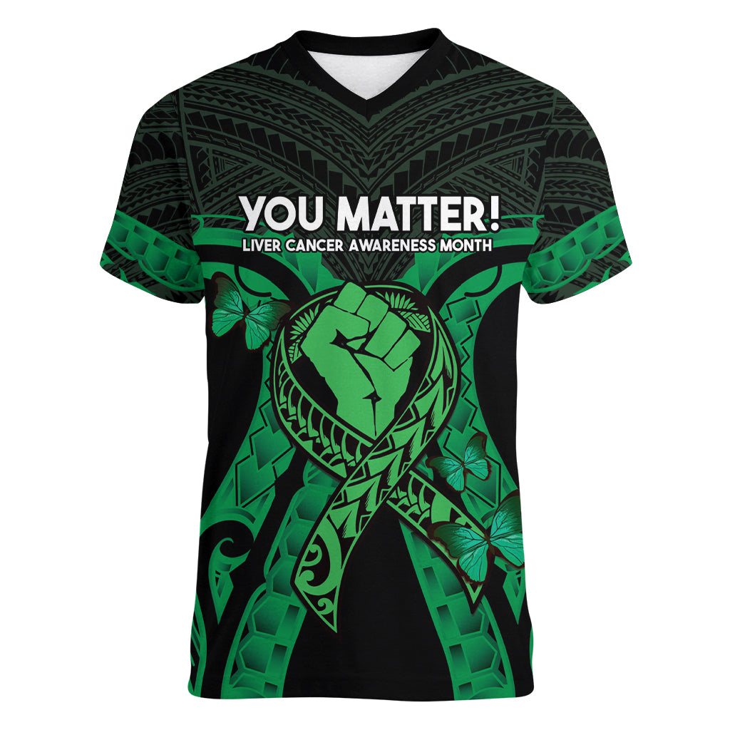 ADHD Awareness Month You Matter Women V-Neck T-Shirt Green Polynesian Ribbon