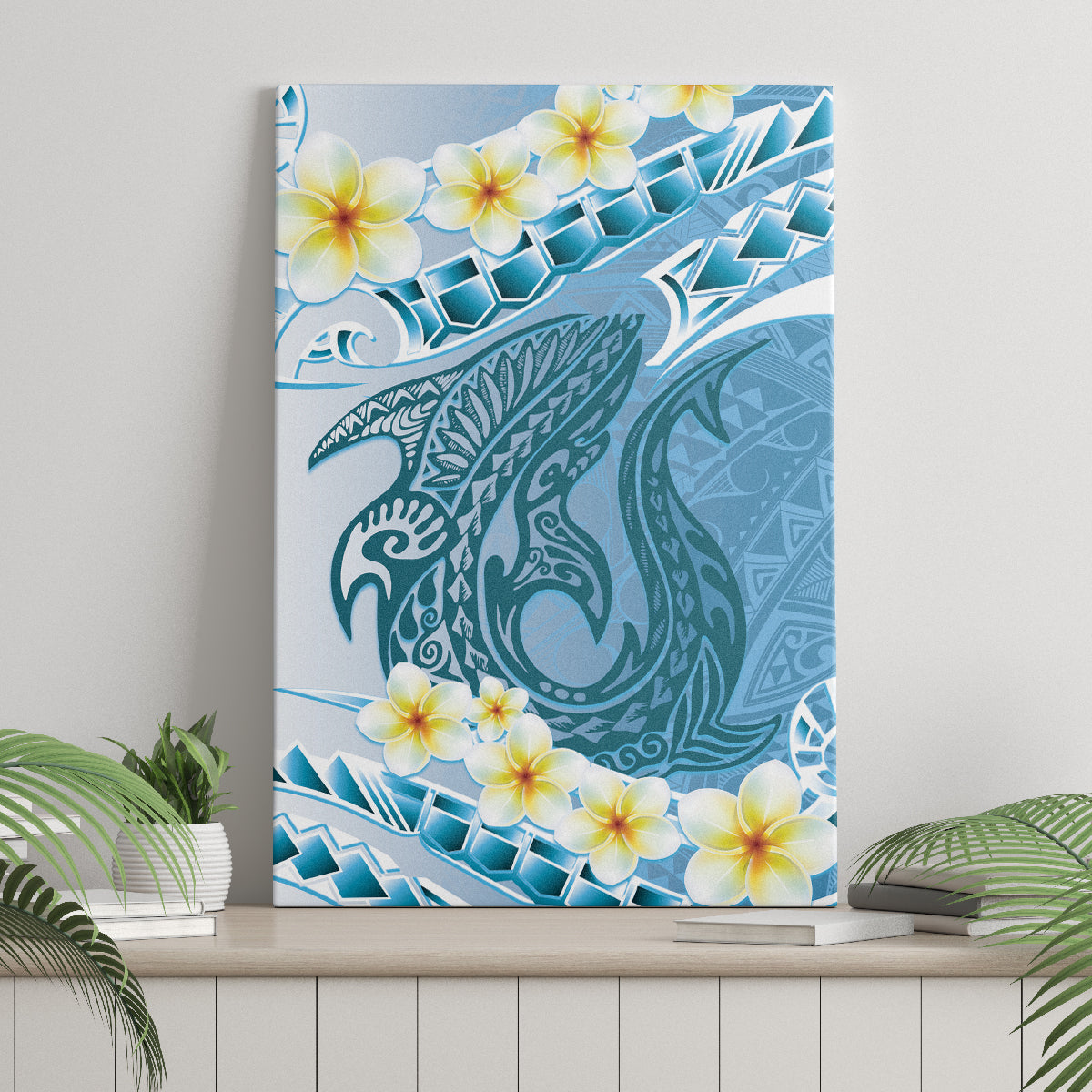 Blue Hawaii Shark Tattoo Canvas Wall Art Frangipani With Polynesian Pastel Version