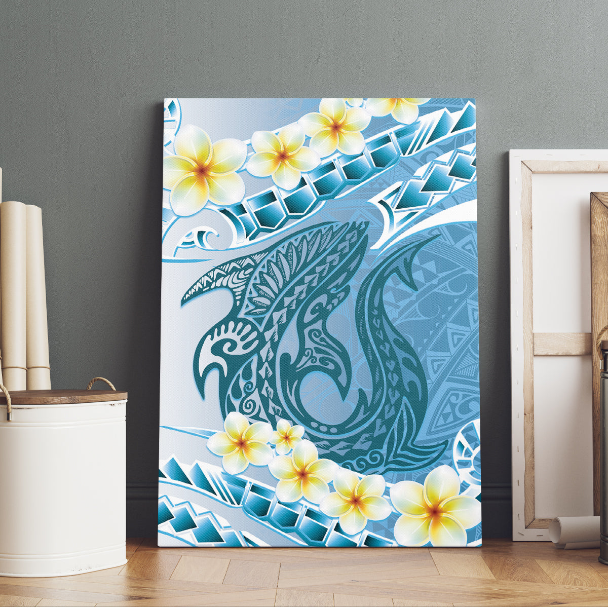 Blue Hawaii Shark Tattoo Canvas Wall Art Frangipani With Polynesian Pastel Version