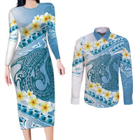 Blue Hawaii Shark Tattoo Couples Matching Long Sleeve Bodycon Dress and Long Sleeve Button Shirt Frangipani With Polynesian Pastel Version LT14 Blue - Polynesian Pride