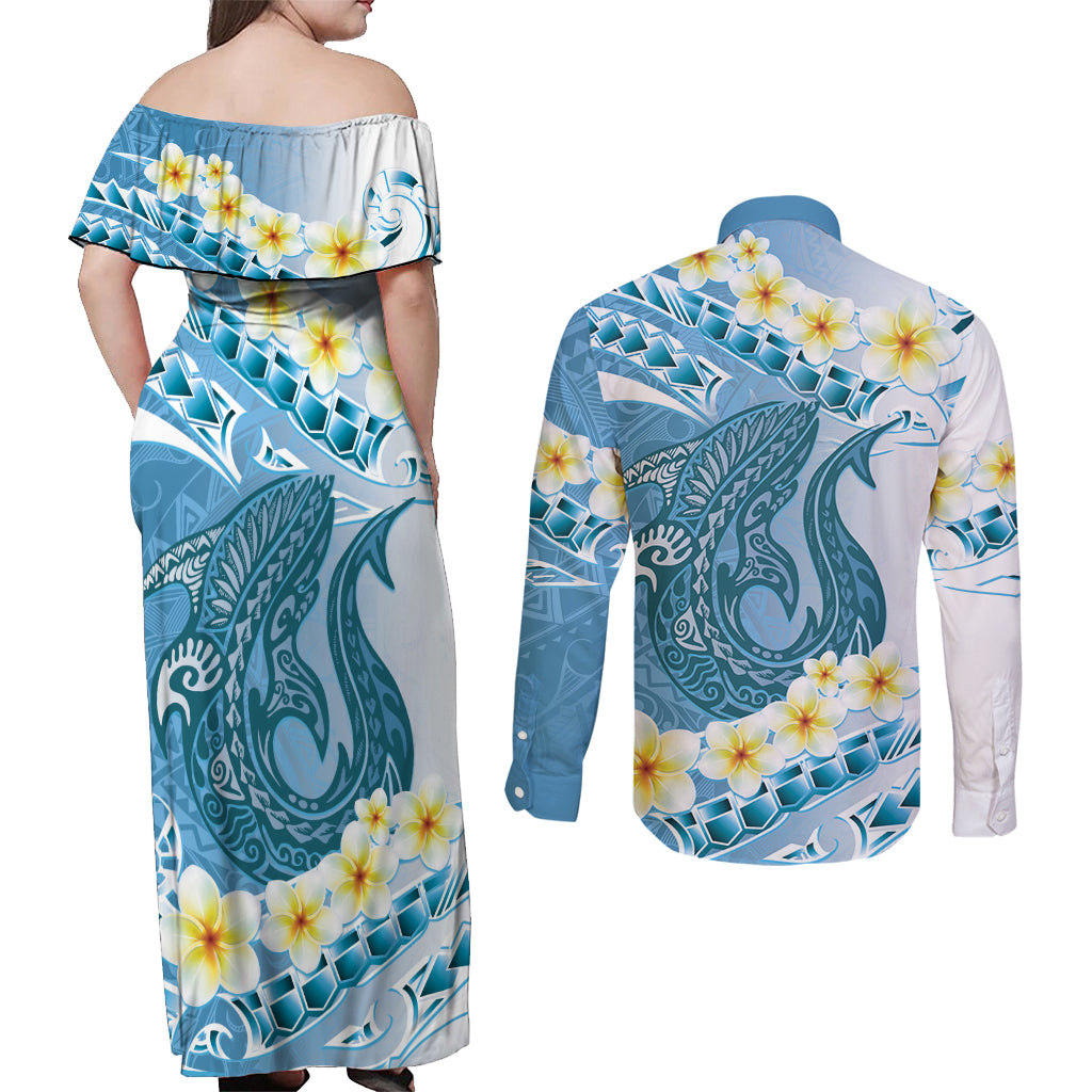Blue Hawaii Shark Tattoo Couples Matching Off Shoulder Maxi Dress and Long Sleeve Button Shirt Frangipani With Polynesian Pastel Version