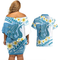 Blue Hawaii Shark Tattoo Couples Matching Off Shoulder Short Dress and Hawaiian Shirt Frangipani With Polynesian Pastel Version LT14 - Polynesian Pride