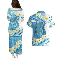 Blue Hawaii Shark Tattoo Couples Matching Puletasi and Hawaiian Shirt Frangipani With Polynesian Pastel Version