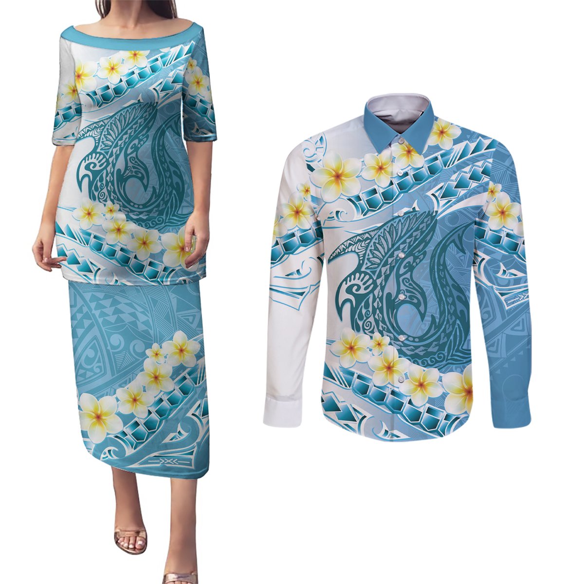 Blue Hawaii Shark Tattoo Couples Matching Puletasi and Long Sleeve Button Shirt Frangipani With Polynesian Pastel Version LT14 Blue - Polynesian Pride