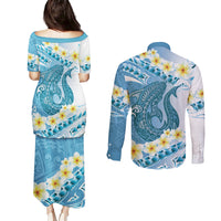 Blue Hawaii Shark Tattoo Couples Matching Puletasi and Long Sleeve Button Shirt Frangipani With Polynesian Pastel Version