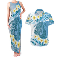 Blue Hawaii Shark Tattoo Couples Matching Tank Maxi Dress and Hawaiian Shirt Frangipani With Polynesian Pastel Version LT14 Blue - Polynesian Pride