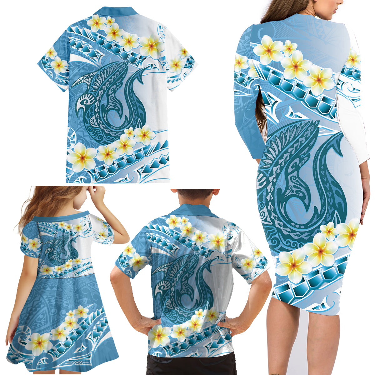 Blue Hawaii Shark Tattoo Family Matching Long Sleeve Bodycon Dress and Hawaiian Shirt Frangipani With Polynesian Pastel Version