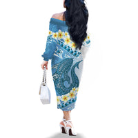 Blue Hawaii Shark Tattoo Family Matching Off The Shoulder Long Sleeve Dress and Hawaiian Shirt Frangipani With Polynesian Pastel Version
