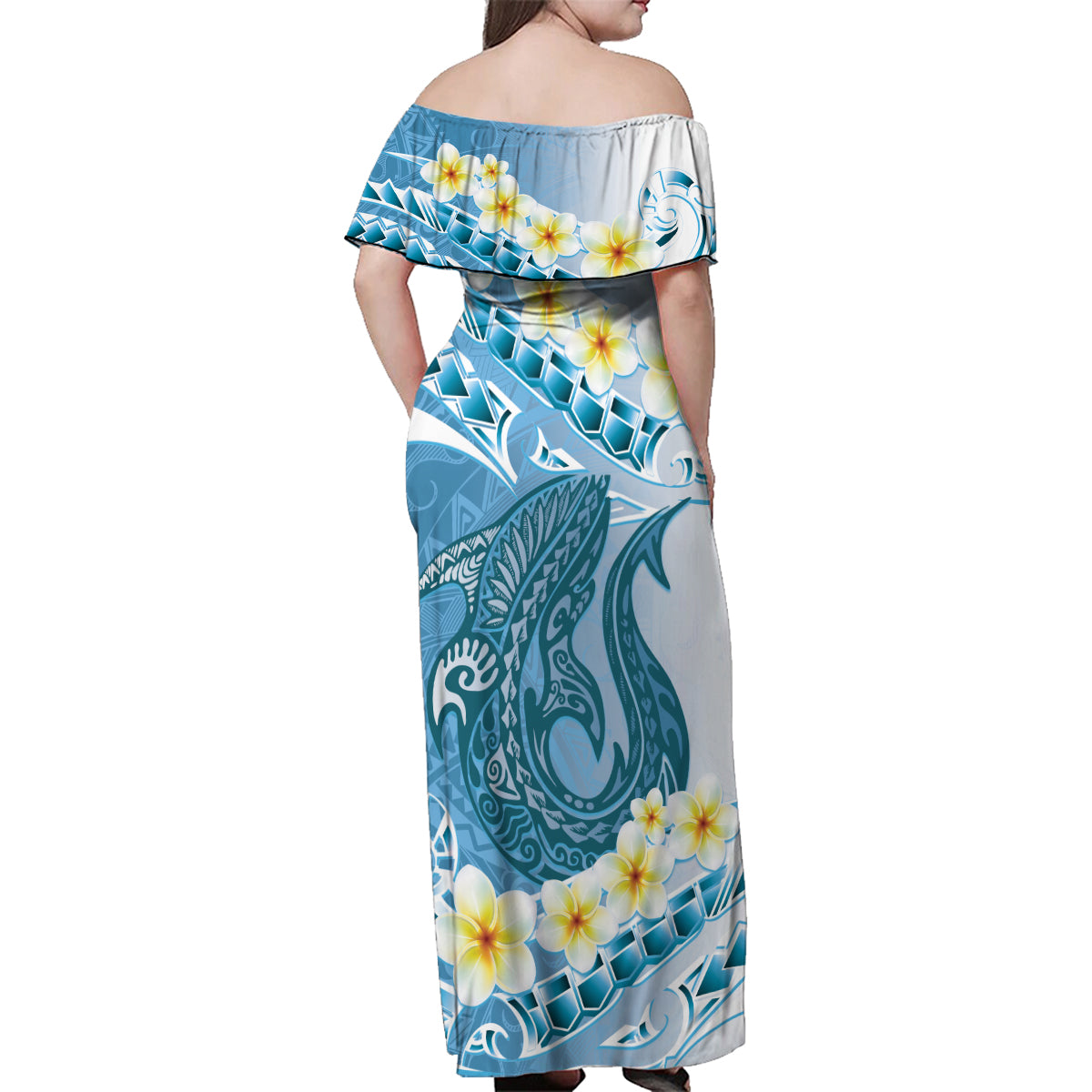 Blue Hawaii Shark Tattoo Family Matching Off Shoulder Maxi Dress and Hawaiian Shirt Frangipani With Polynesian Pastel Version