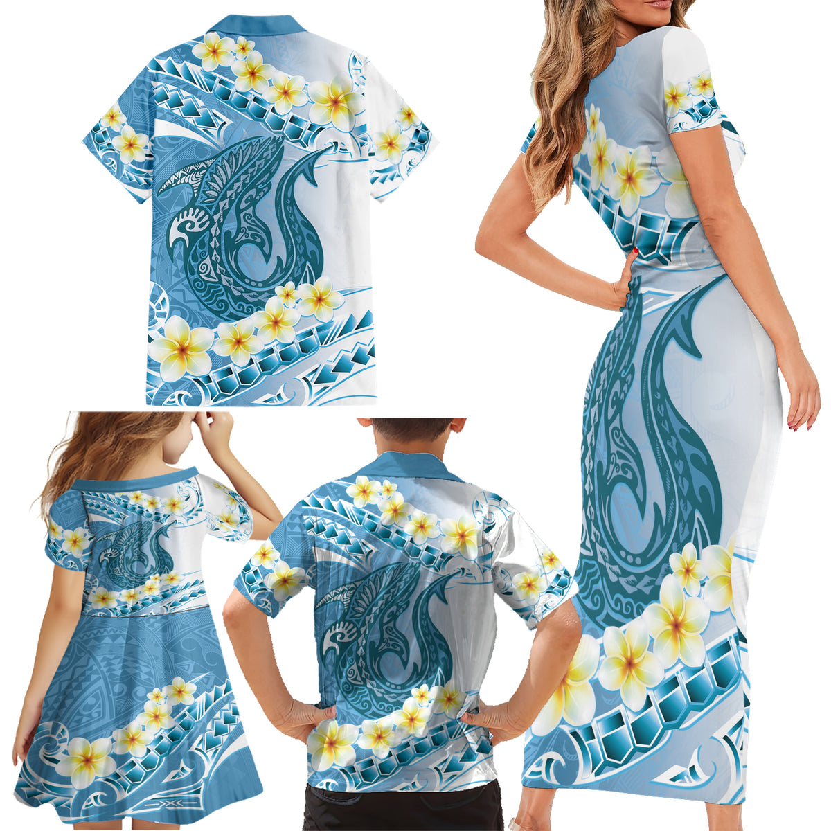 Blue Hawaii Shark Tattoo Family Matching Short Sleeve Bodycon Dress and Hawaiian Shirt Frangipani With Polynesian Pastel Version LT14 - Polynesian Pride