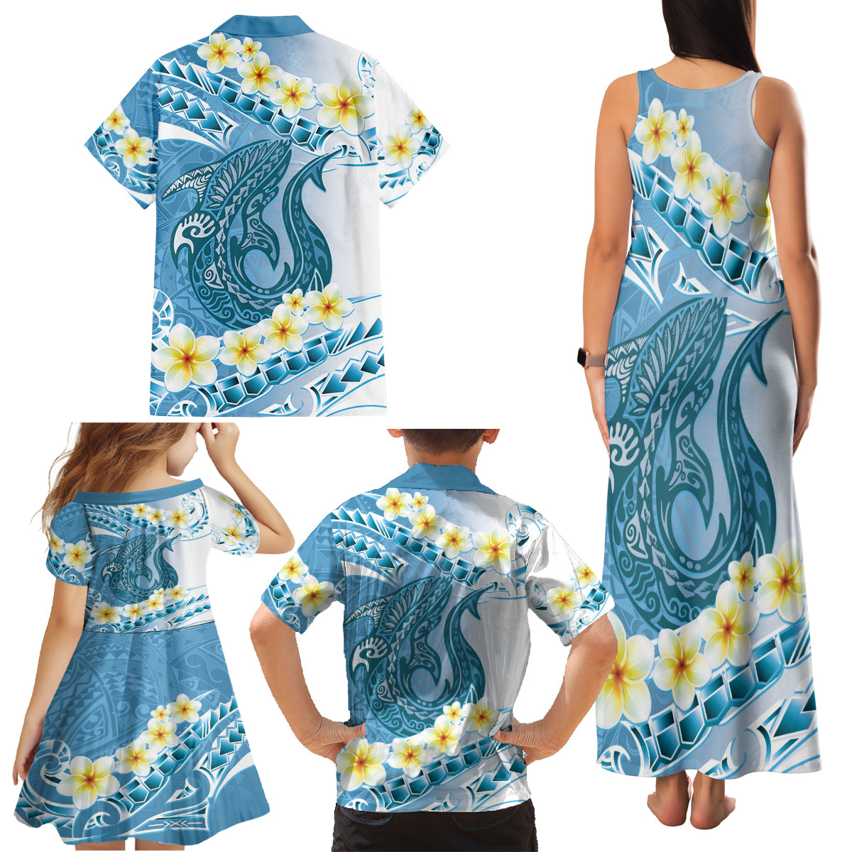 Blue Hawaii Shark Tattoo Family Matching Tank Maxi Dress and Hawaiian Shirt Frangipani With Polynesian Pastel Version