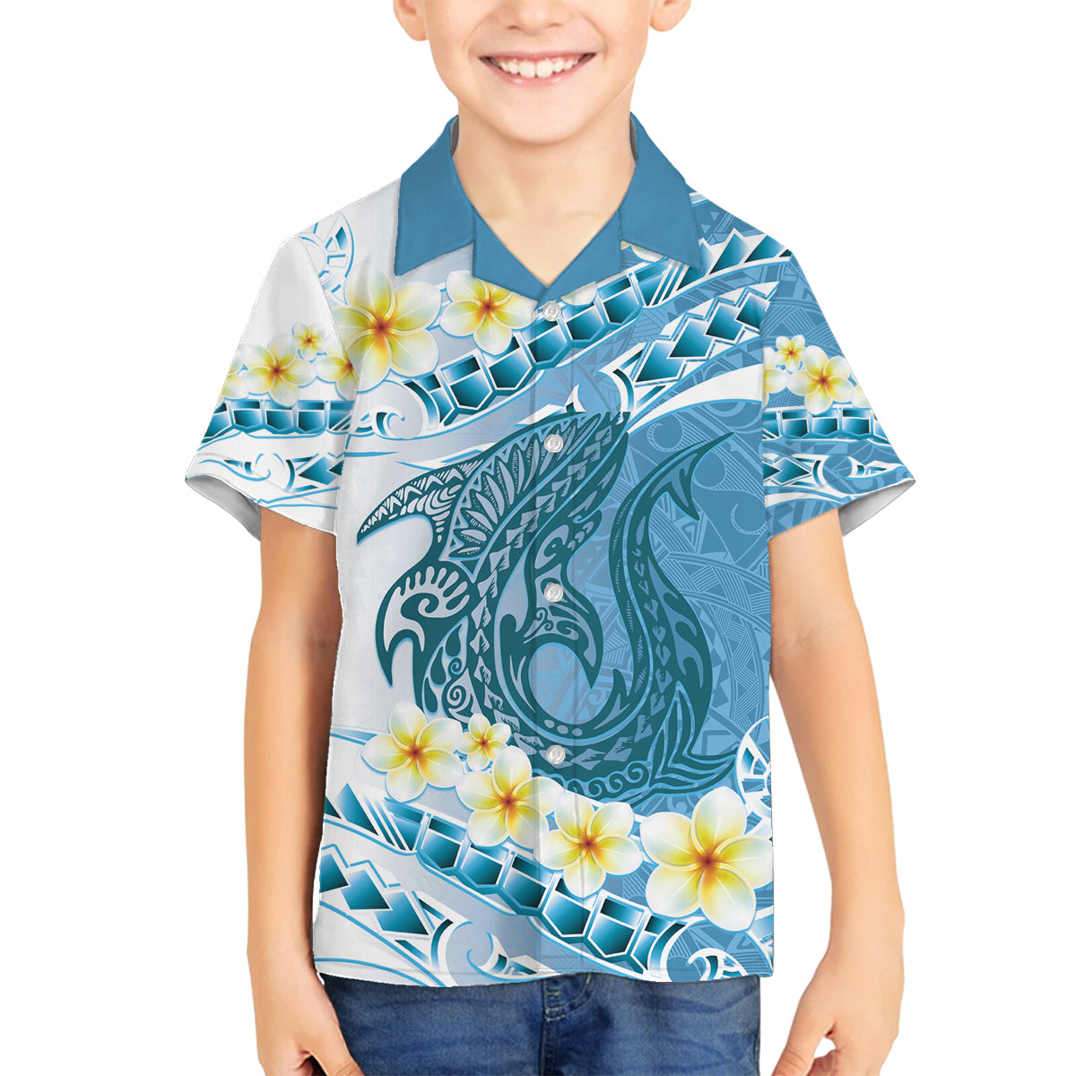 Blue Hawaii Shark Tattoo Family Matching Tank Maxi Dress and Hawaiian Shirt Frangipani With Polynesian Pastel Version
