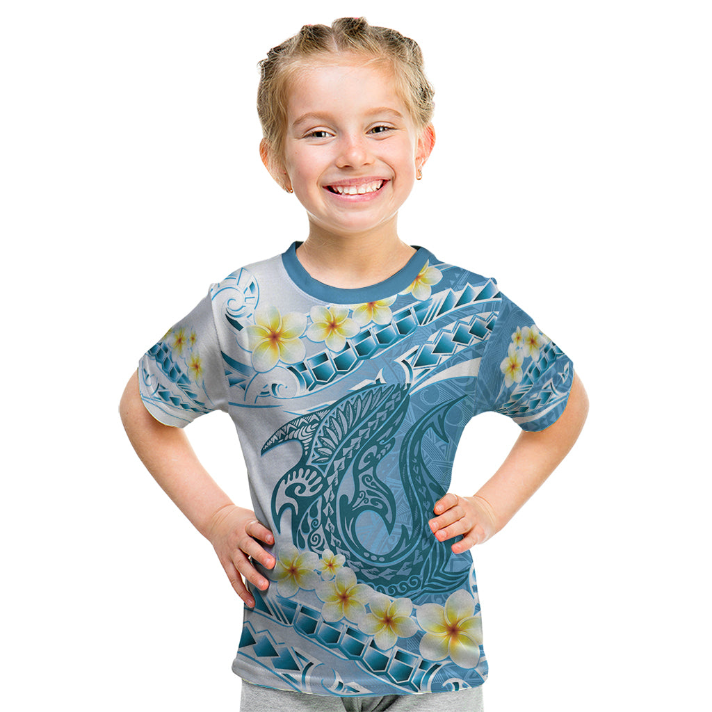 Blue Hawaii Shark Tattoo Kid T Shirt Frangipani With Polynesian Pastel Version LT14 Blue - Polynesian Pride