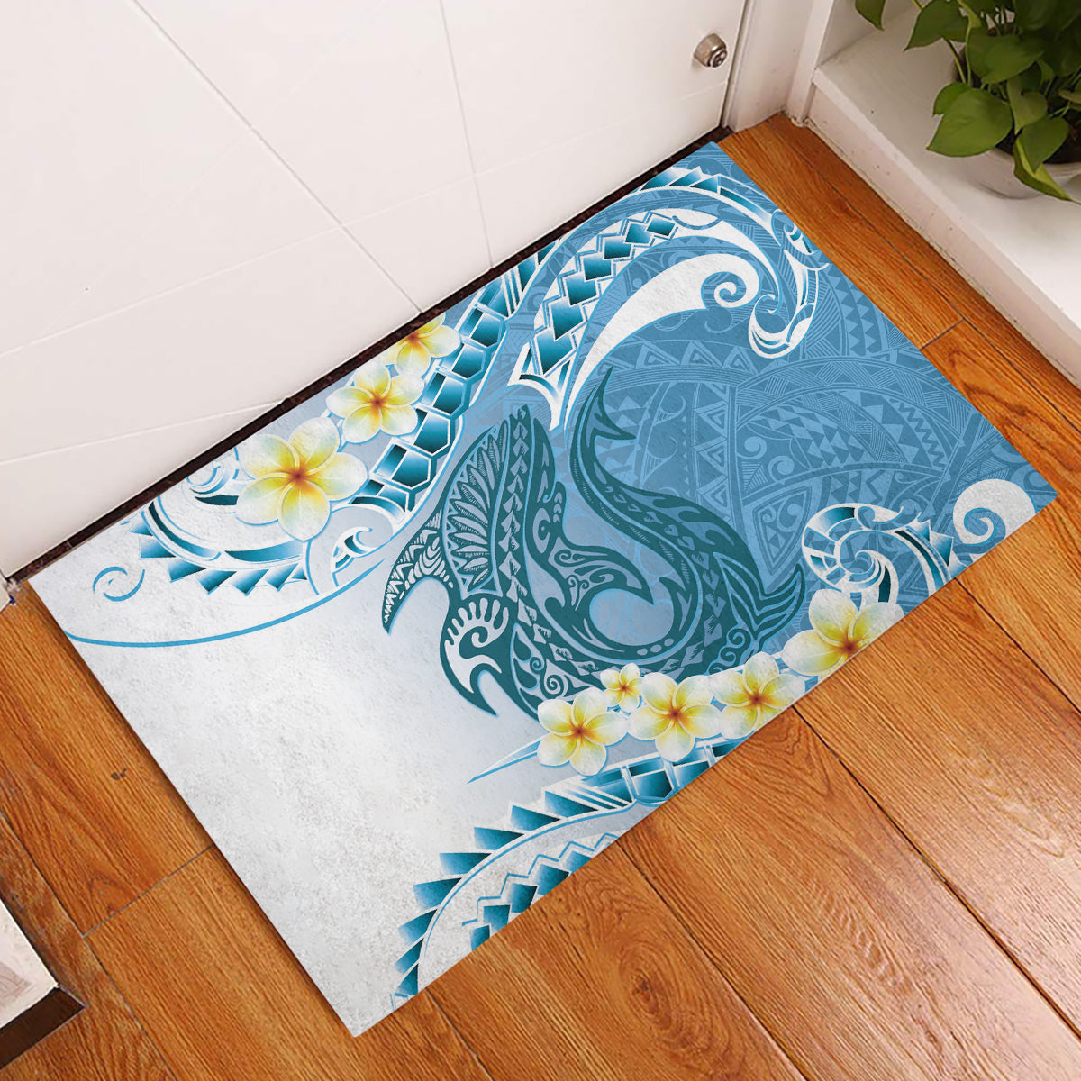 Blue Hawaii Shark Tattoo Rubber Doormat Frangipani With Polynesian Pastel Version