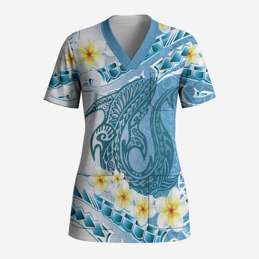 Blue Hawaii Shark Tattoo Scrub Top Frangipani With Polynesian Pastel Version - Polynesian Pride
