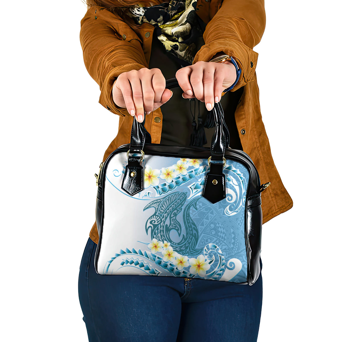 Blue Hawaii Shark Tattoo Shoulder Handbag Frangipani With Polynesian Pastel Version