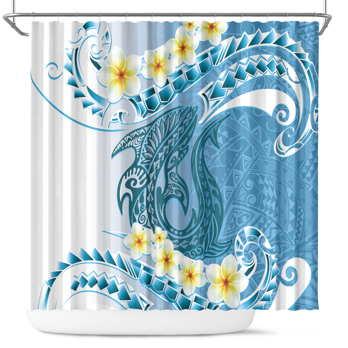 Blue Hawaii Shark Tattoo Shower Curtain Frangipani With Polynesian Pastel Version LT14 Blue - Polynesian Pride