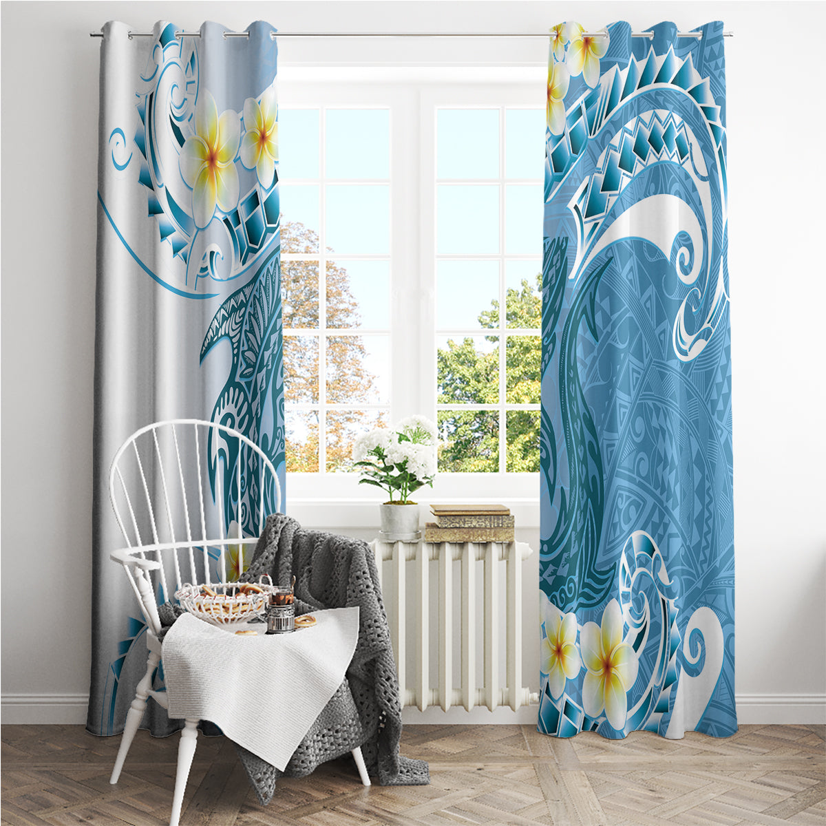 Blue Hawaii Shark Tattoo Window Curtain Frangipani With Polynesian Pastel Version