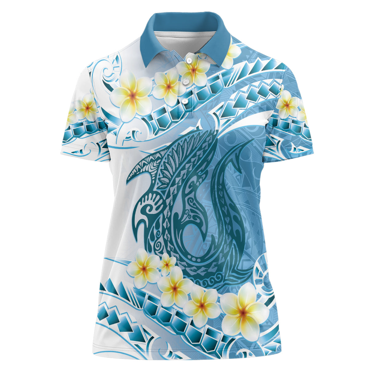 Blue Hawaii Shark Tattoo Women Polo Shirt Frangipani With Polynesian Pastel Version