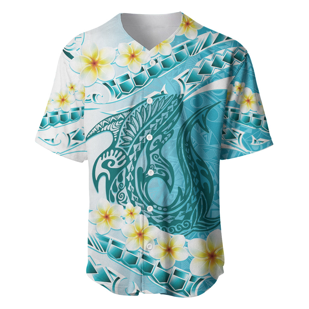 Turquoise Hawaii Shark Tattoo Baseball Jersey Frangipani With Polynesian Pastel Version LT14 Turquoise - Polynesian Pride