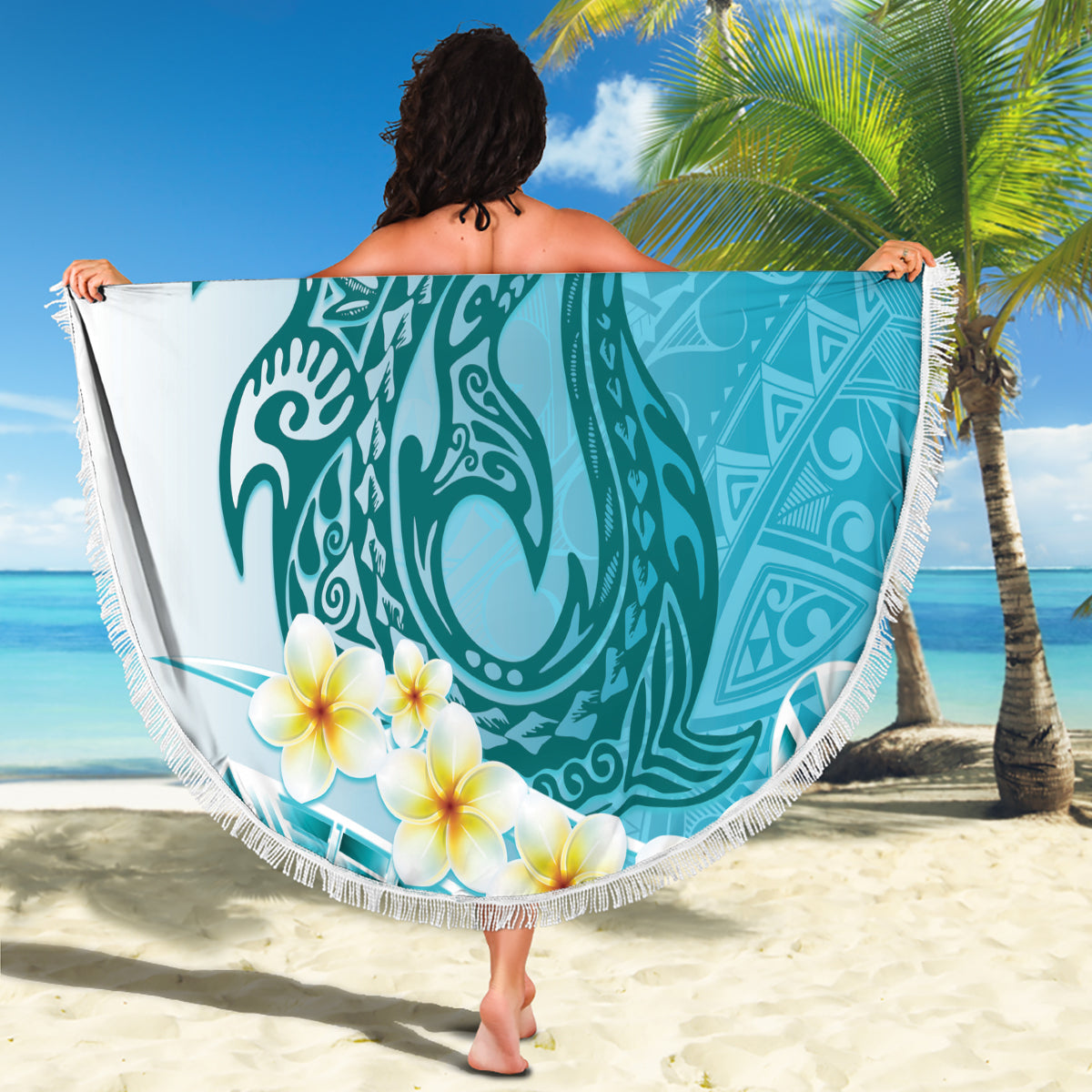 Turquoise Hawaii Shark Tattoo Beach Blanket Frangipani With Polynesian Pastel Version