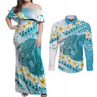 Turquoise Hawaii Shark Tattoo Couples Matching Off Shoulder Maxi Dress and Long Sleeve Button Shirt Frangipani With Polynesian Pastel Version