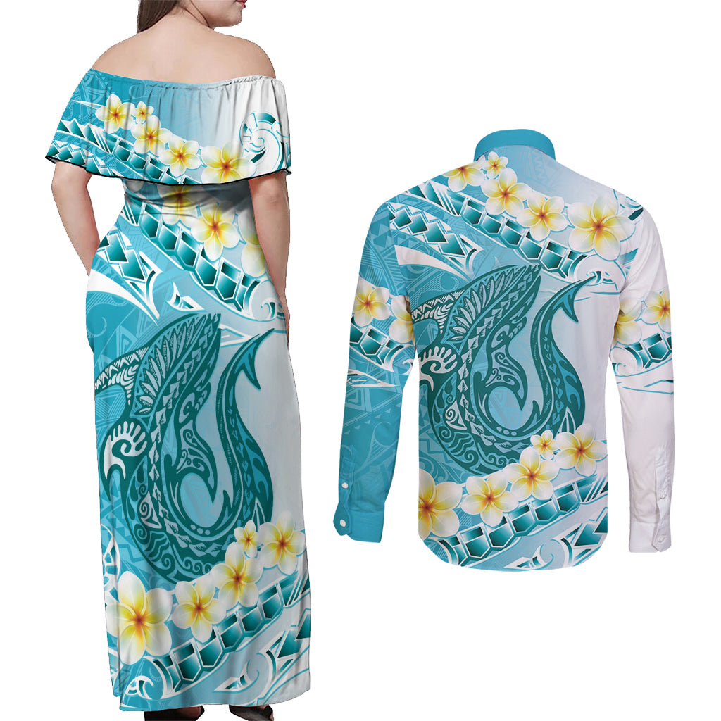 Turquoise Hawaii Shark Tattoo Couples Matching Off Shoulder Maxi Dress and Long Sleeve Button Shirt Frangipani With Polynesian Pastel Version