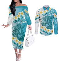 Turquoise Hawaii Shark Tattoo Couples Matching Off The Shoulder Long Sleeve Dress and Long Sleeve Button Shirt Frangipani With Polynesian Pastel Version LT14 Turquoise - Polynesian Pride