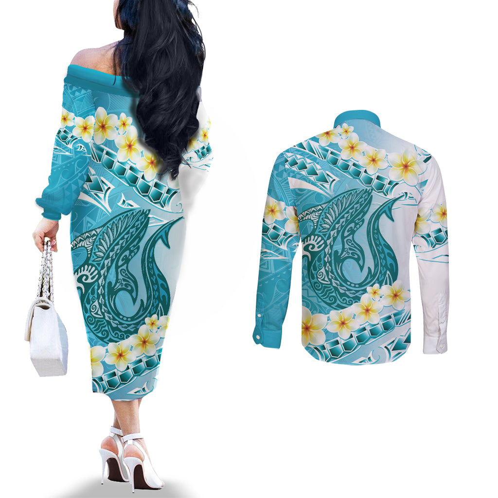 Turquoise Hawaii Shark Tattoo Couples Matching Off The Shoulder Long Sleeve Dress and Long Sleeve Button Shirt Frangipani With Polynesian Pastel Version LT14 - Polynesian Pride