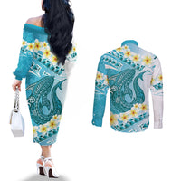 Turquoise Hawaii Shark Tattoo Couples Matching Off The Shoulder Long Sleeve Dress and Long Sleeve Button Shirt Frangipani With Polynesian Pastel Version LT14 - Polynesian Pride