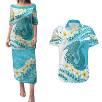 Turquoise Hawaii Shark Tattoo Couples Matching Puletasi and Hawaiian Shirt Frangipani With Polynesian Pastel Version LT14 Turquoise - Polynesian Pride