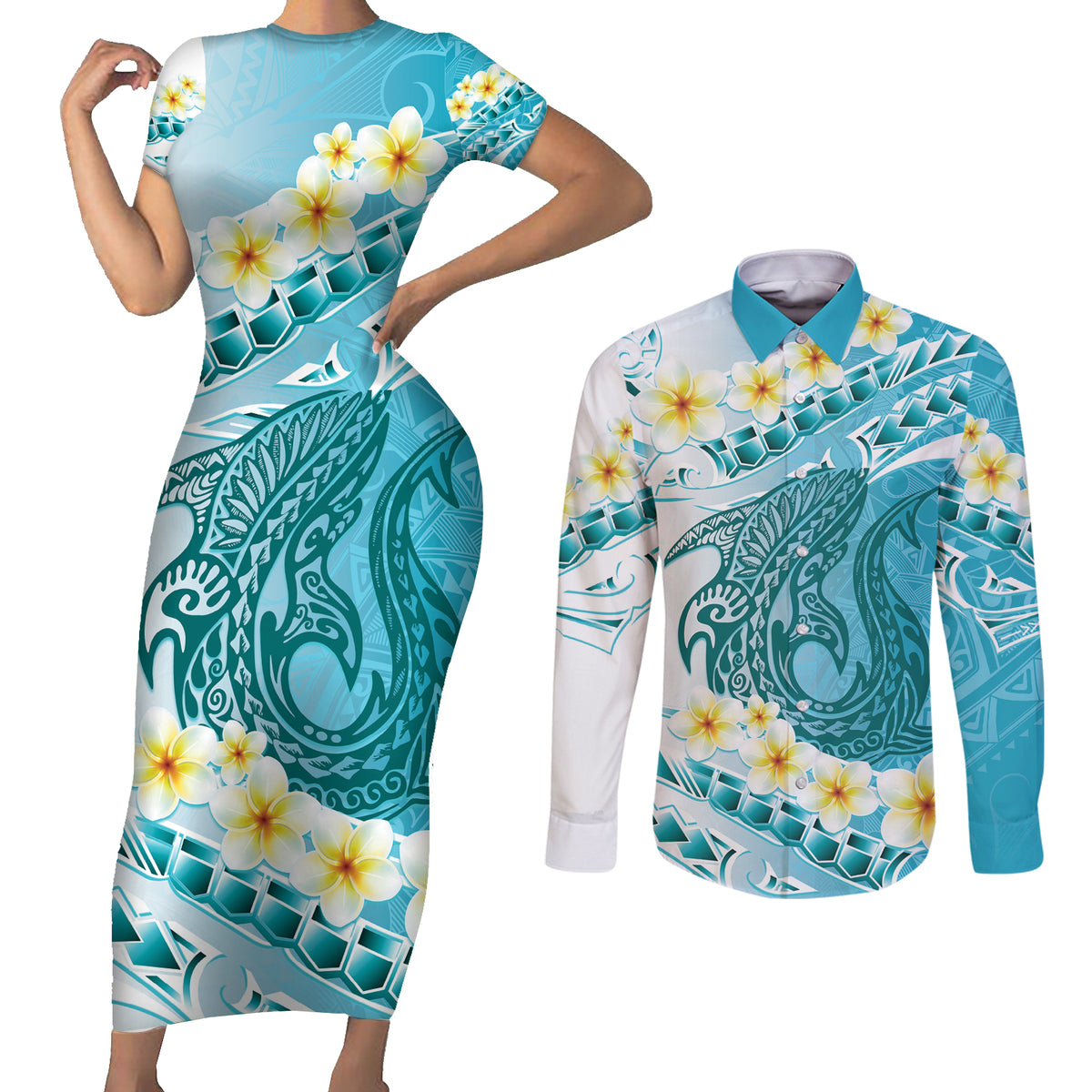 Turquoise Hawaii Shark Tattoo Couples Matching Short Sleeve Bodycon Dress and Long Sleeve Button Shirt Frangipani With Polynesian Pastel Version LT14 Turquoise - Polynesian Pride